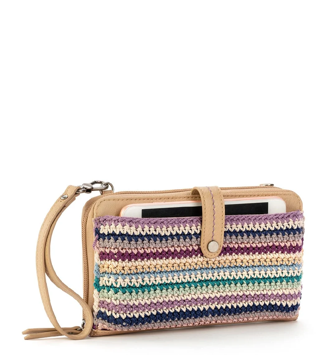 Women′s Bag Large Smartphone Crossbody Bag in Hand Crochet Faux Leather Detachable Wristlet Strap Bucket Bag